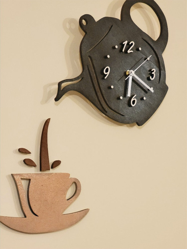 Wooden wall kitchen clock "Kettle & cup" handmade