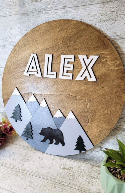Nursery Mountain Name Sign | Bear Baby Boy Name