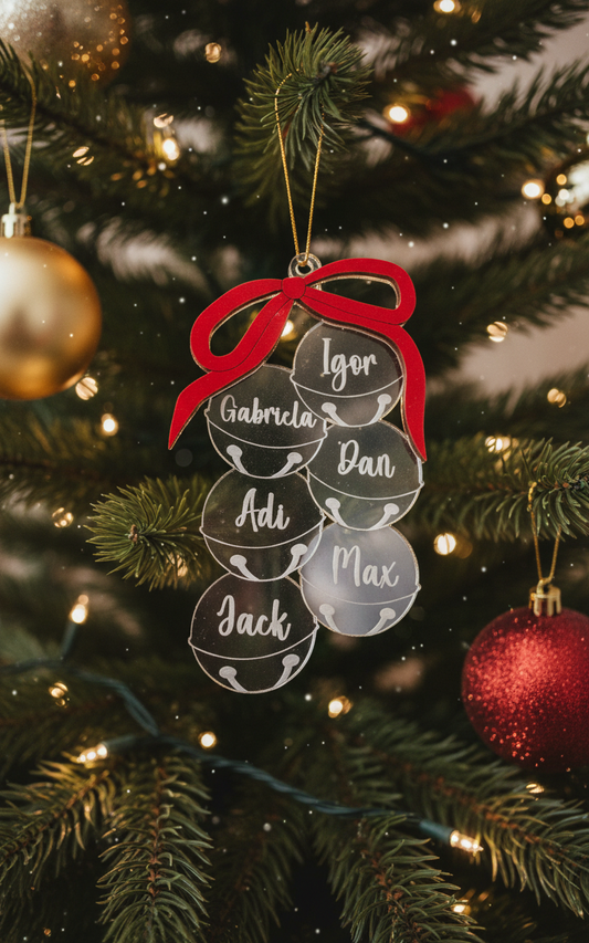 Family Name Christmas Ornament - Wooden or Acrylic Jingle Bells