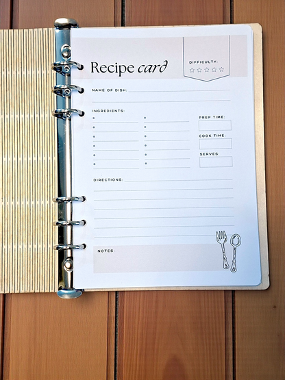Recipe card with a binder clip on a wooden surface