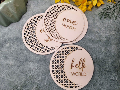 Wooden Baby Monthly Milestone Circles 1 Month to One Year Rattan design