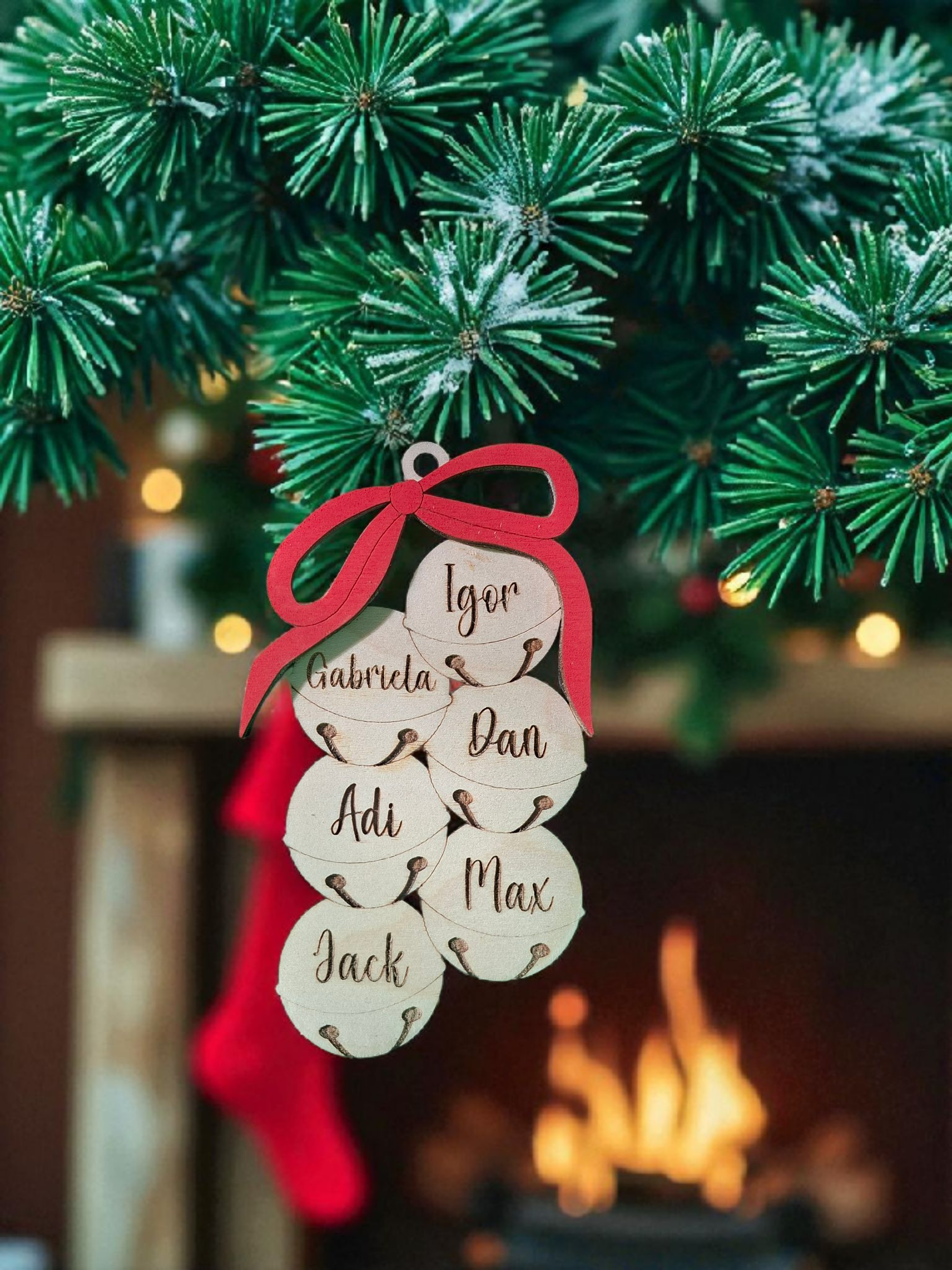 Family Name Christmas Ornament - Wooden or Acrylic Jingle Bells