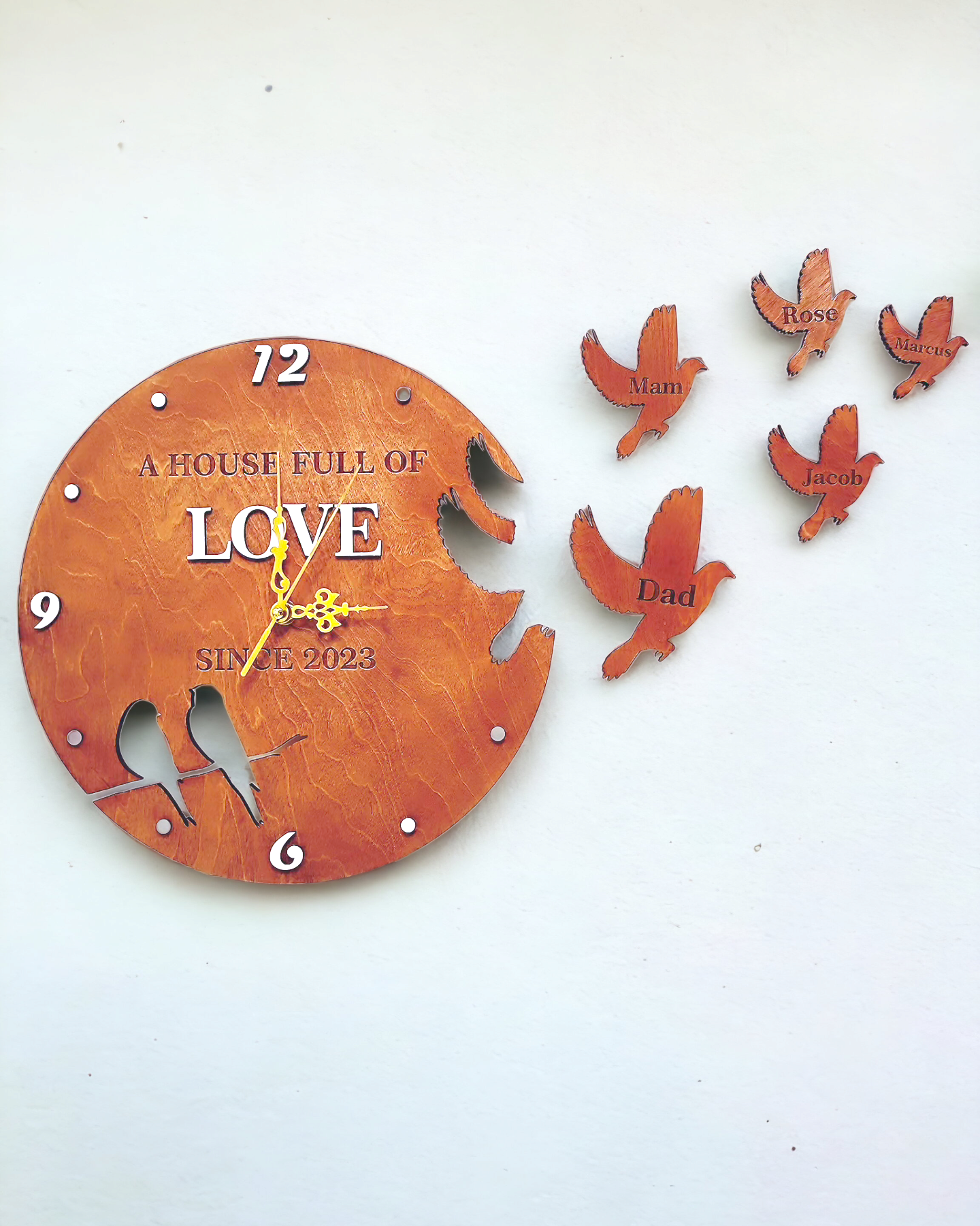 Wooden Wall Clock "Flying Birds", personalised