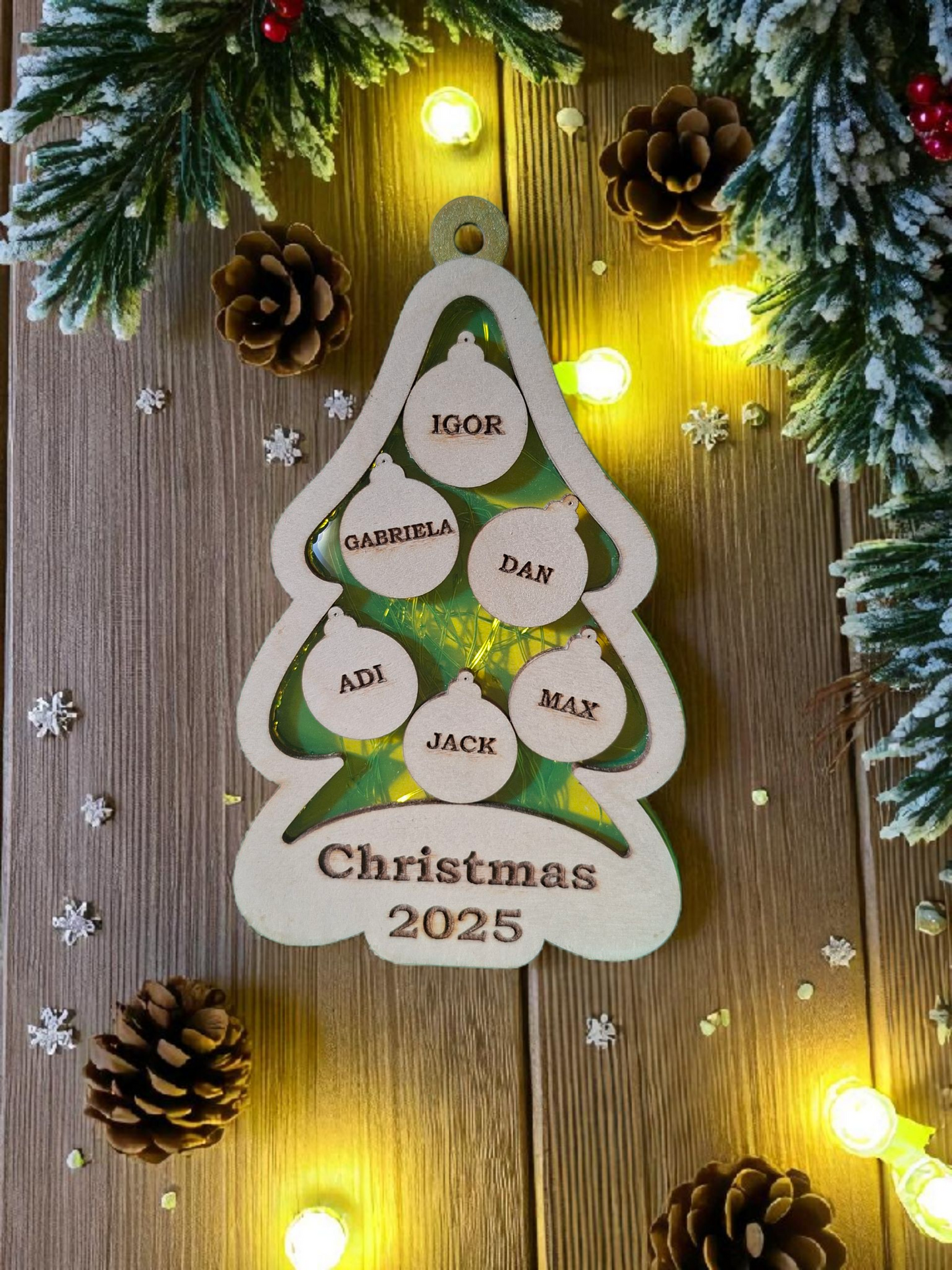 Personalised Wooden Family Christmas Tree Ornament with Fairy Lights
