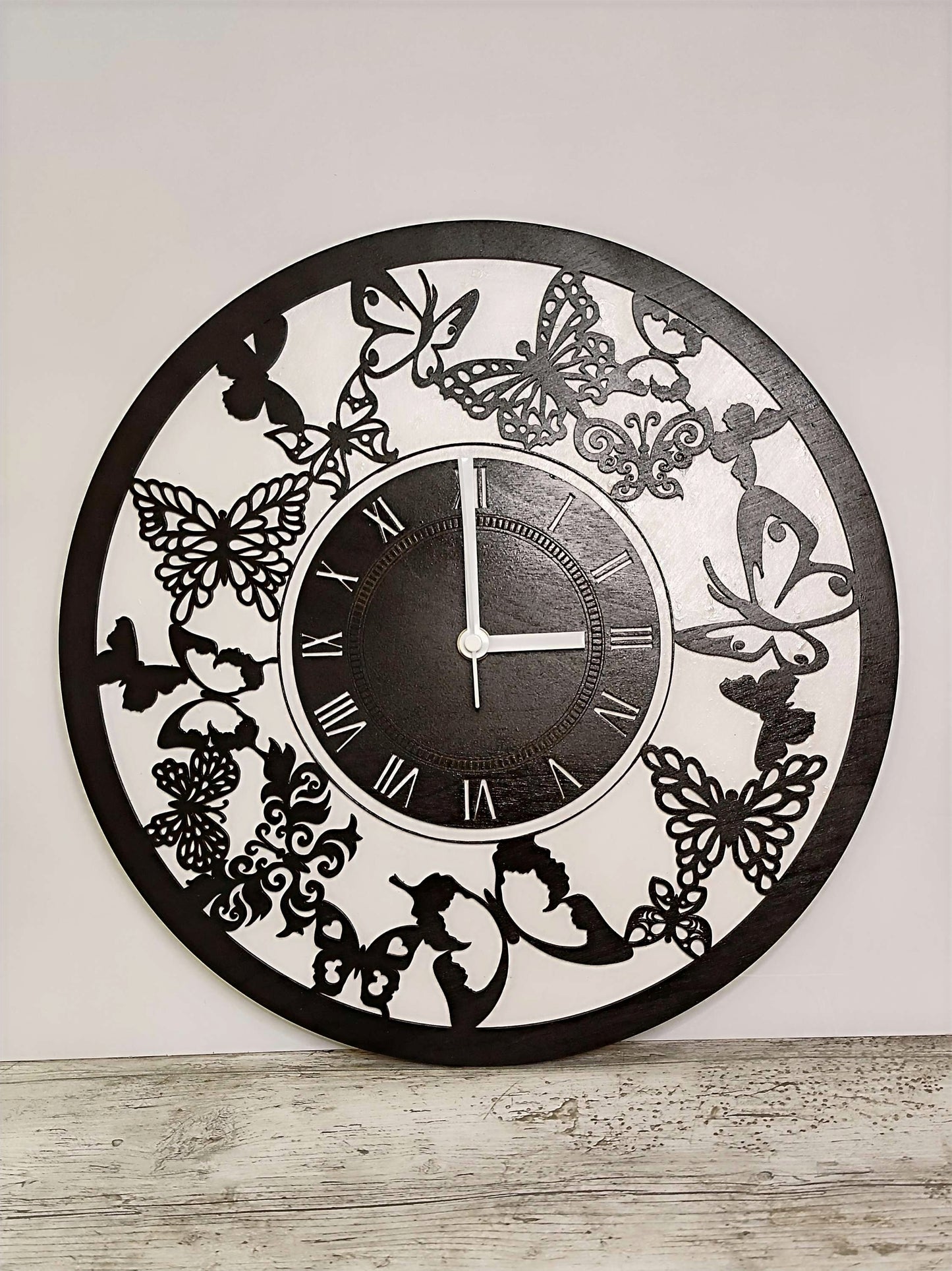 Wooden Butterfly Clock "Black & White"