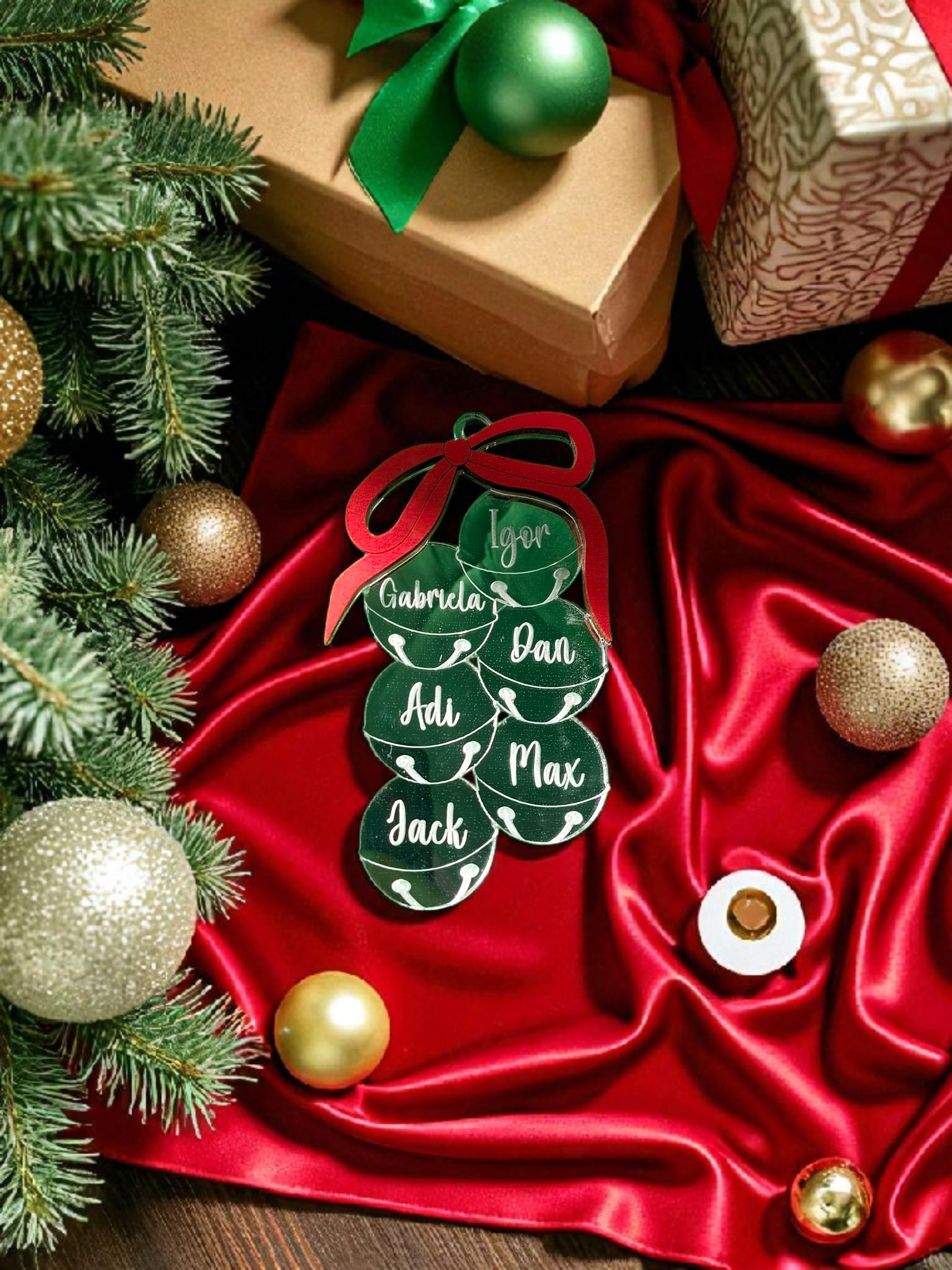 Family Name Christmas Ornament - Wooden or Acrylic Jingle Bells