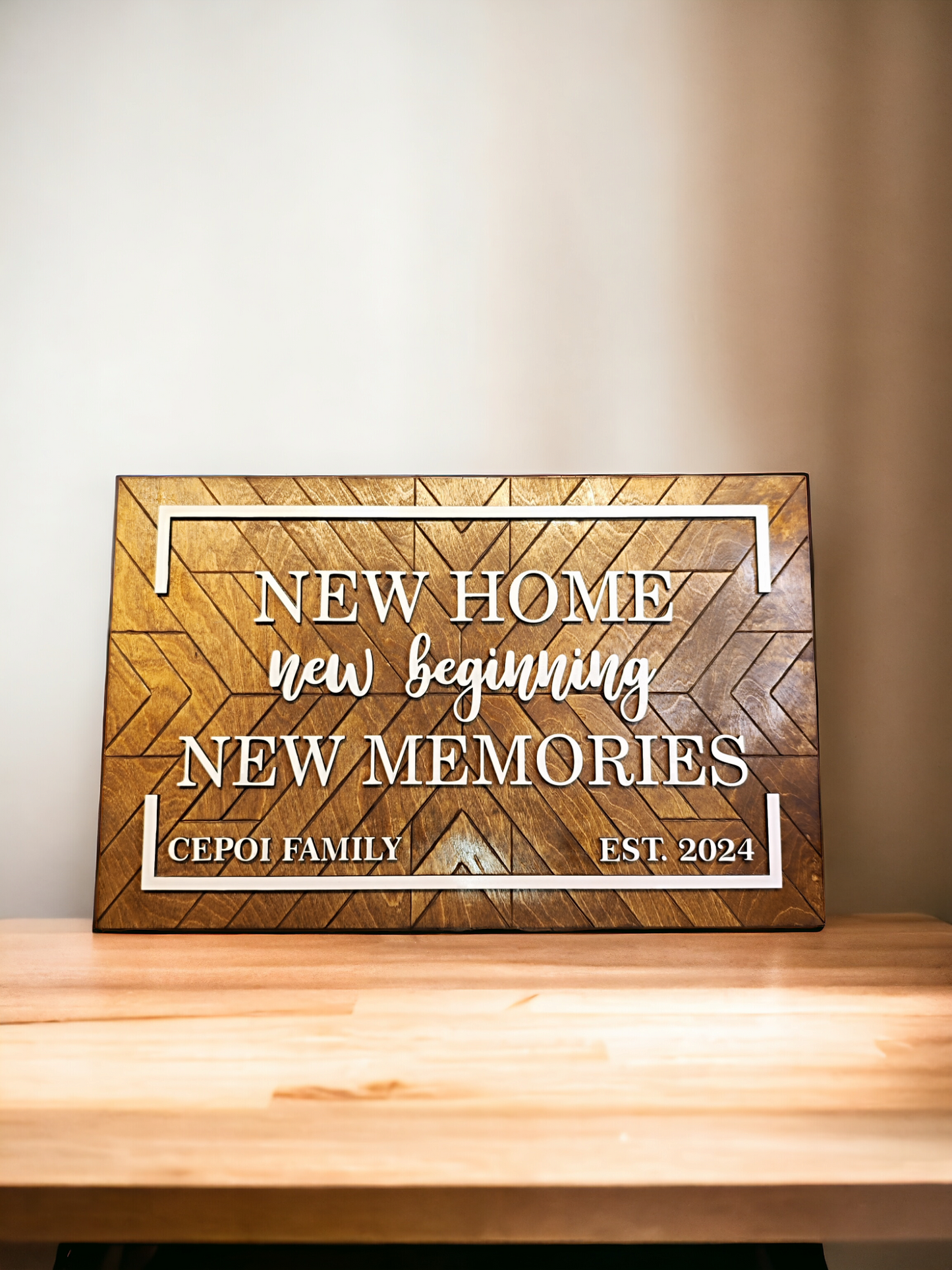 Wooden Wall Sign "New Home", Quilt Patern, Personalised