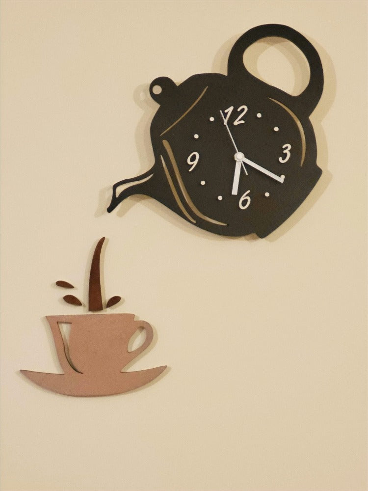 Wooden wall kitchen clock "Kettle & cup" handmade
