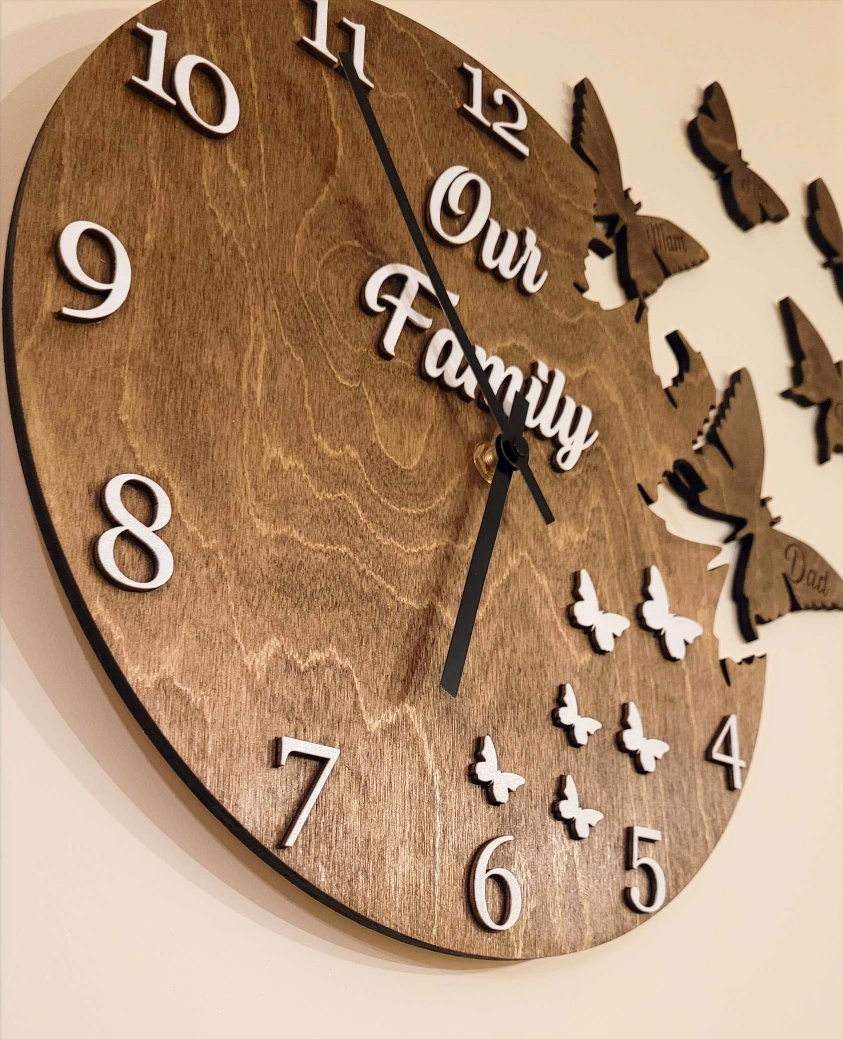 Wooden Wall Clock "Flying Butterflies", personalised