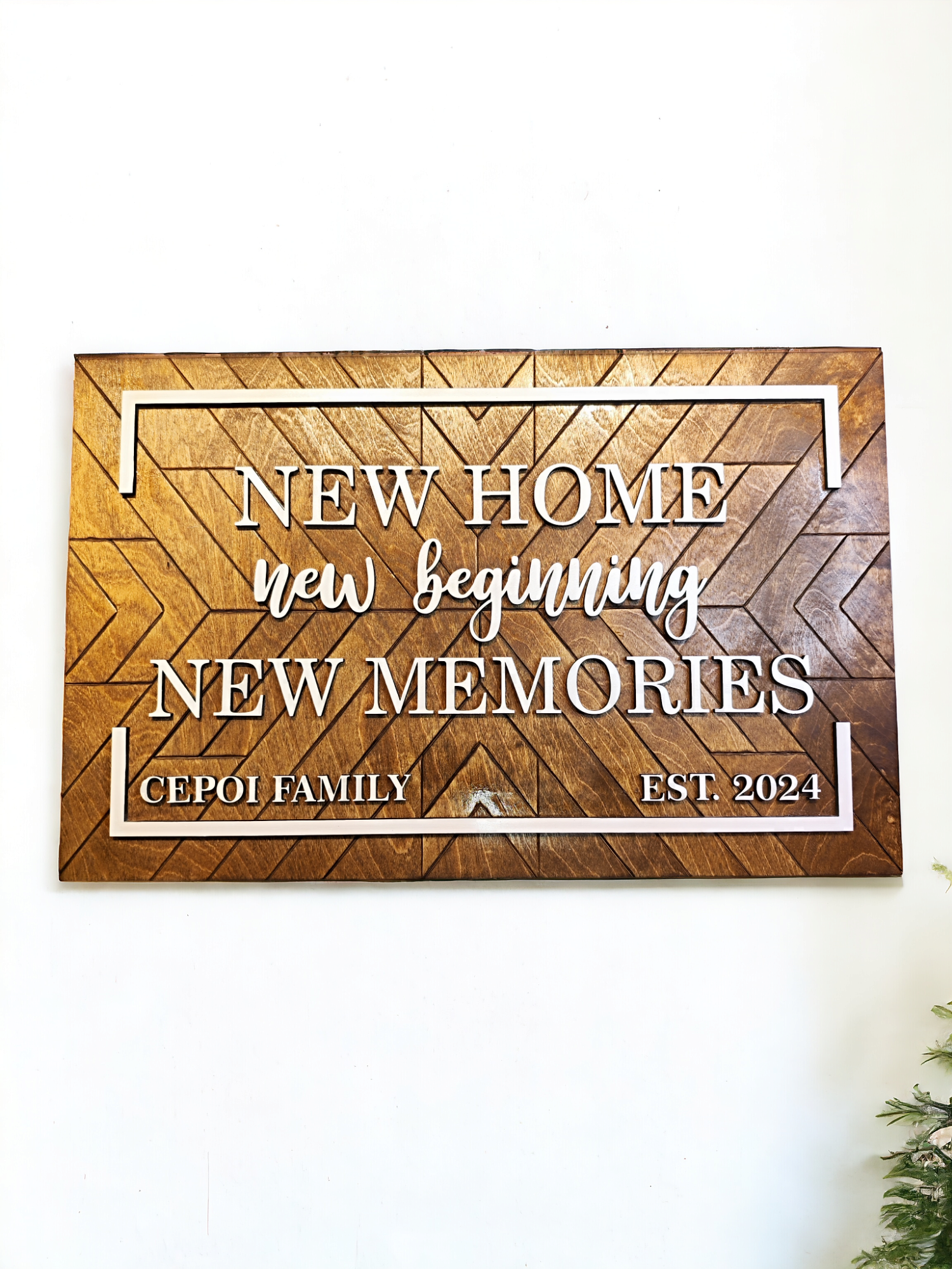 Wooden Wall Sign "New Home", Quilt Patern, Personalised