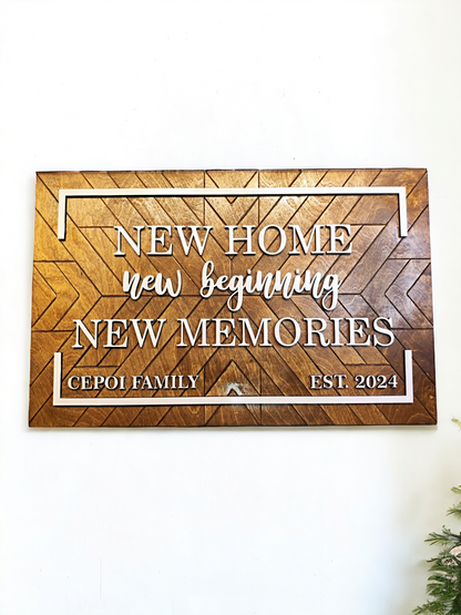 Wooden Wall Sign "New Home", Quilt Patern, Personalised