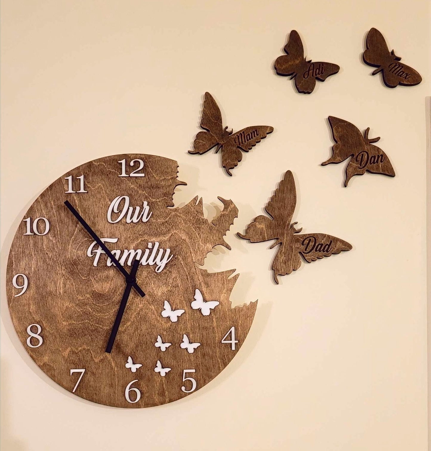 Wooden Wall Clock "Flying Butterflies", personalised