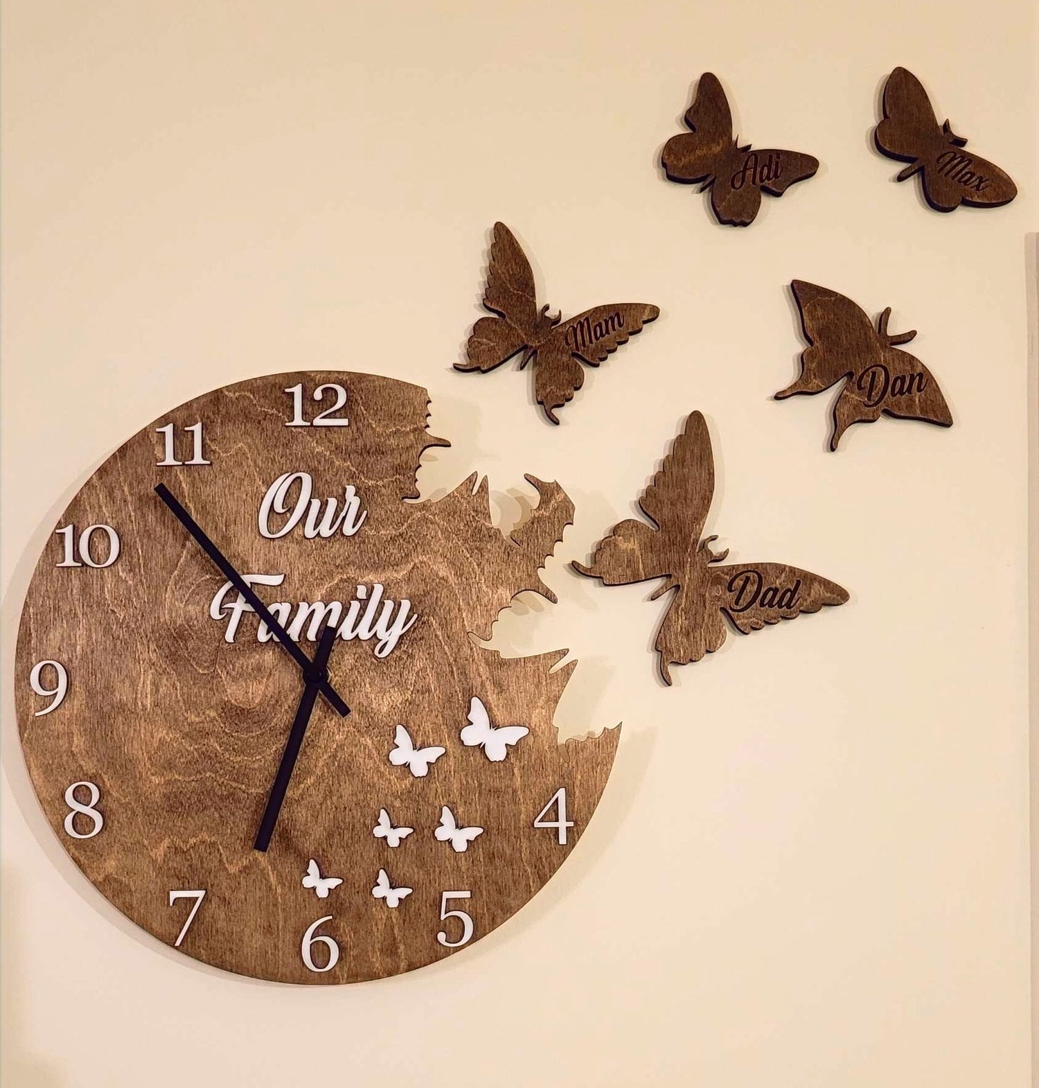 Wooden Wall Clock "Flying Butterflies", personalised