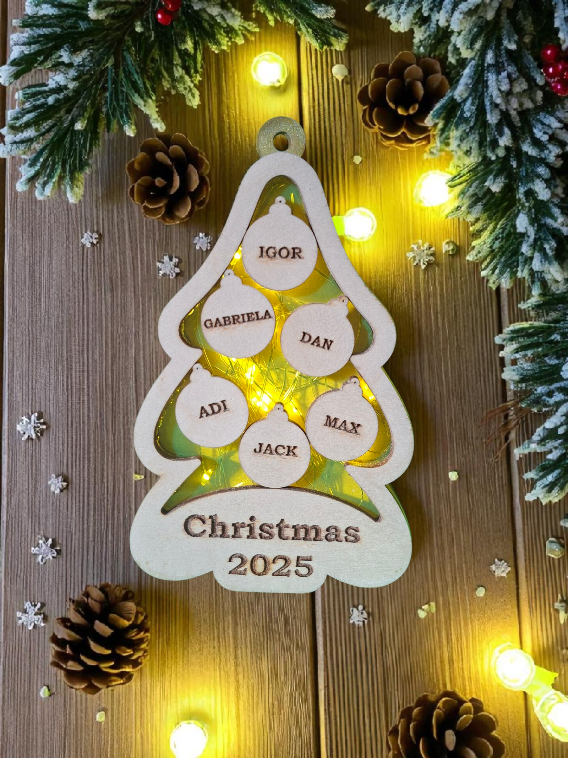 Personalised Wooden Family Christmas Tree Ornament with Fairy Lights