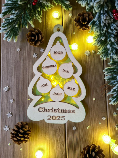 Personalised Wooden Family Christmas Tree Ornament with Fairy Lights