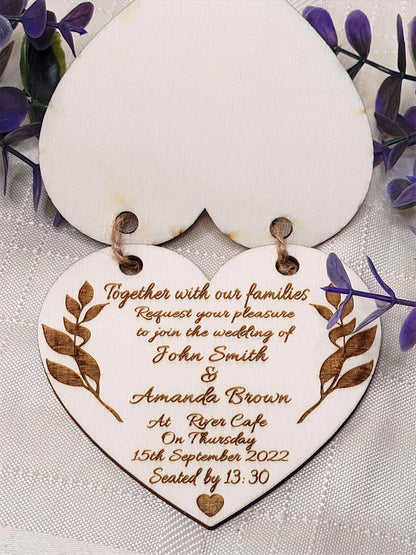 Wooden wedding invitation, Heart shaped