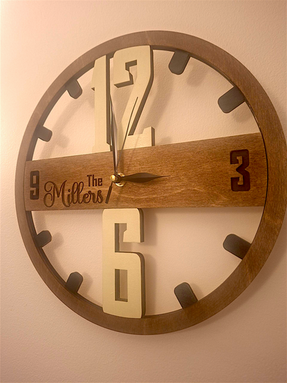 Personalised Wooden Wall Clock - Custom Family Name Rustic Home Décor