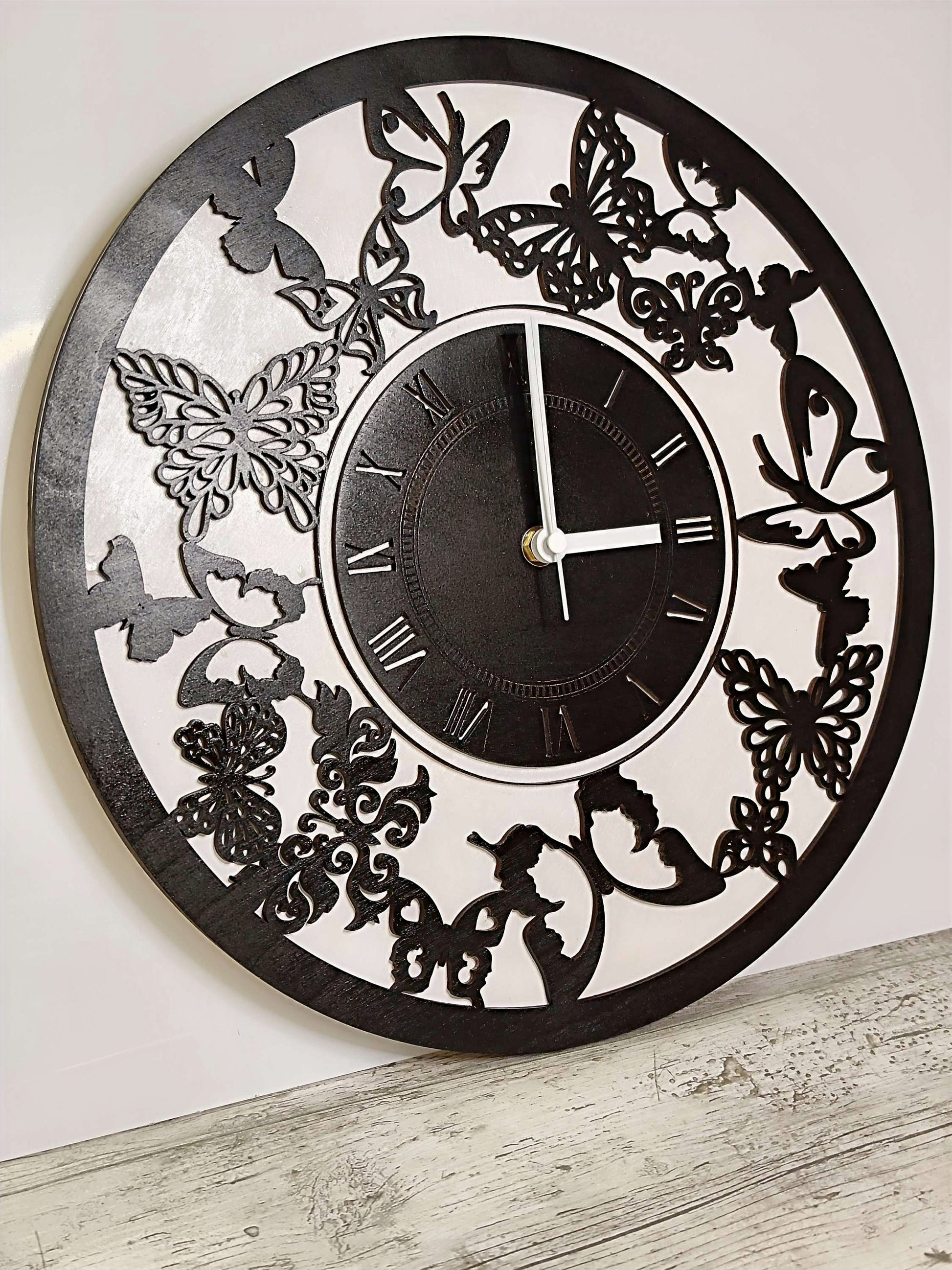 Wooden Butterfly Clock "Black & White"