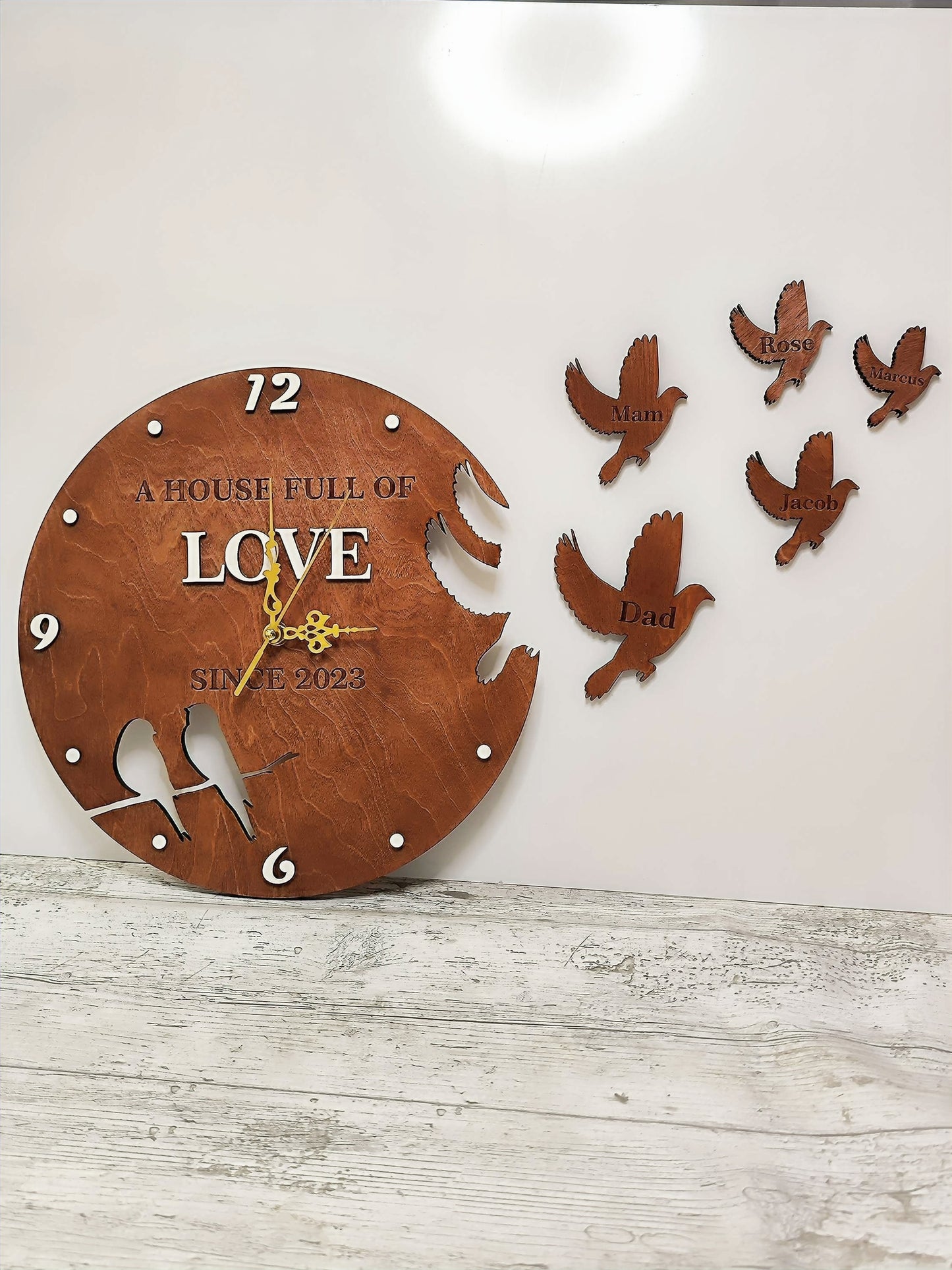 Wooden Wall Clock "Flying Birds", personalised