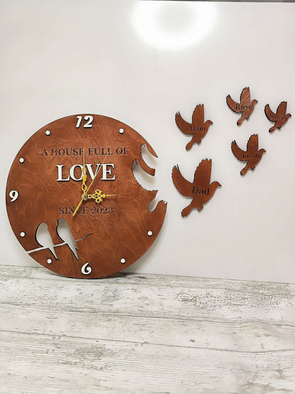 Wooden Wall Clock "Flying Birds", personalised