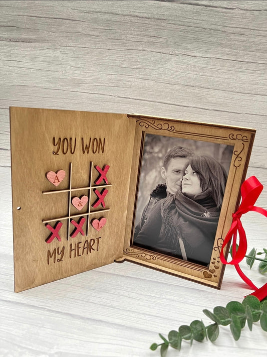 Personalised Valentine’s Day Photo Frame – “You Won My Heart” Wooden Tic-Tac-Toe Design - Laser by D.A.M.