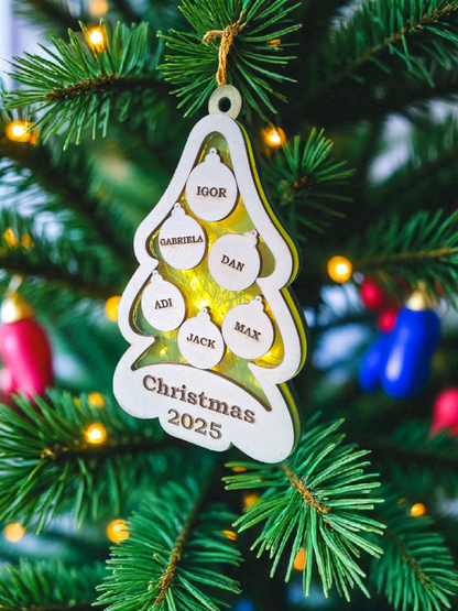 Personalised Wooden Family Christmas Tree Ornament with Fairy Lights