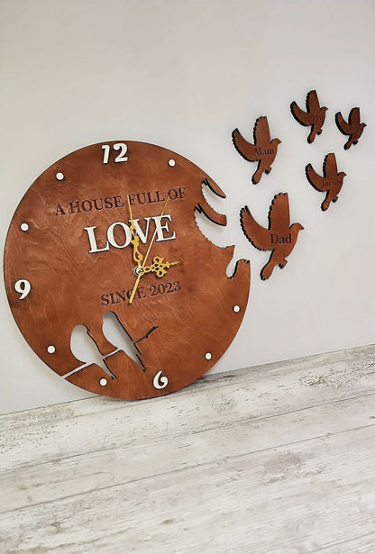 Wooden Wall Clock "Flying Birds", personalised