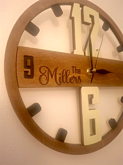 Personalised Wooden Wall Clock - Custom Family Name Rustic Home Décor