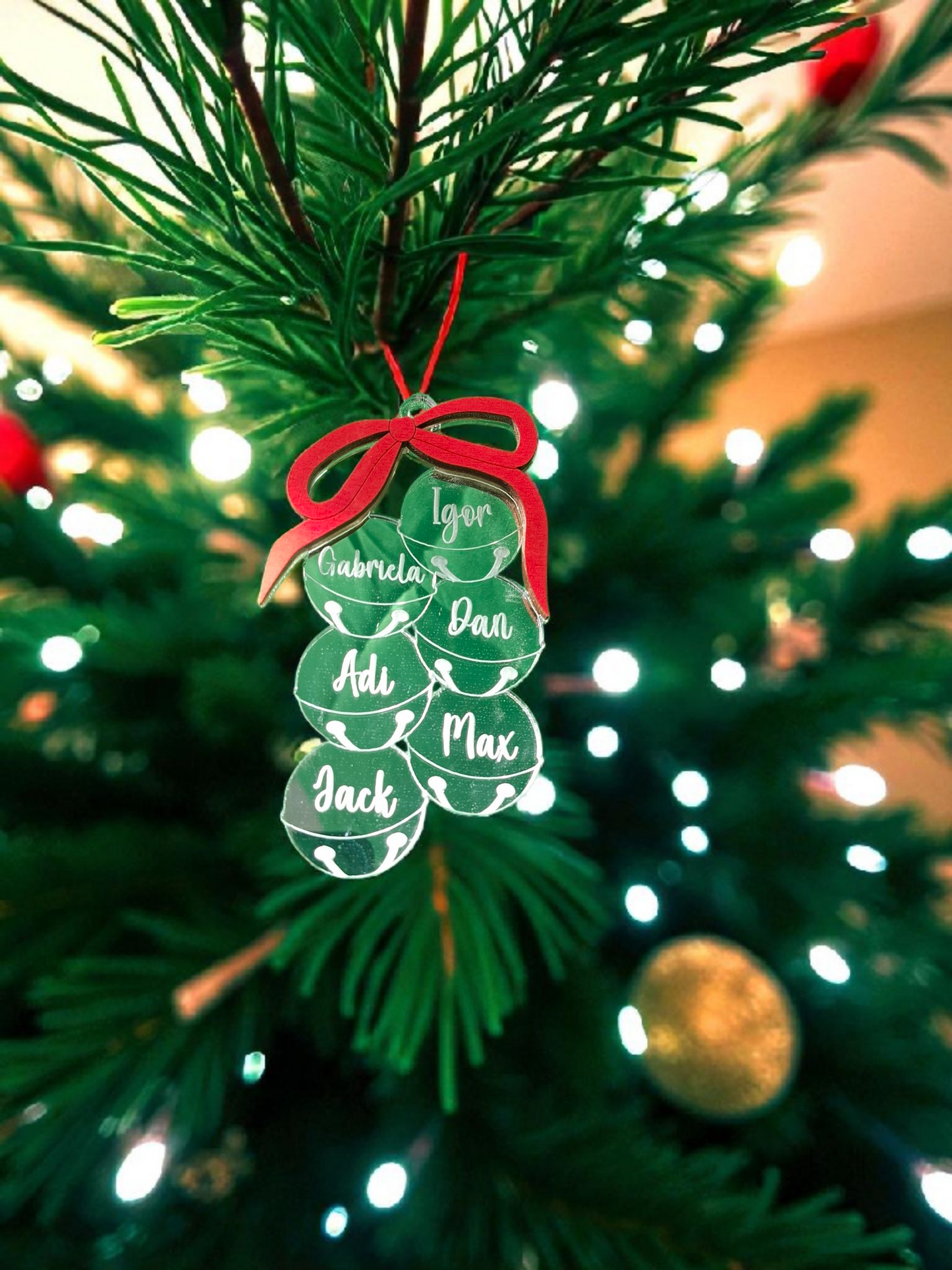 Family Name Christmas Ornament - Wooden or Acrylic Jingle Bells