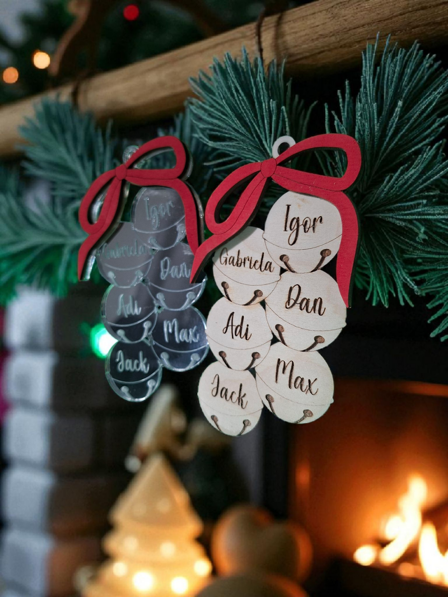 Family Name Christmas Ornament - Wooden or Acrylic Jingle Bells