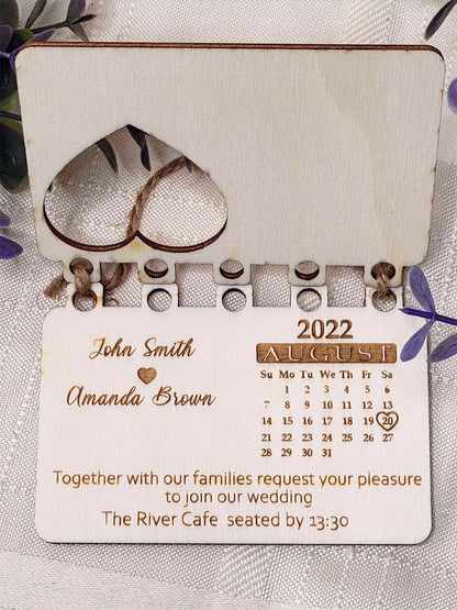 Wooden wedding invitation, Calendar style
