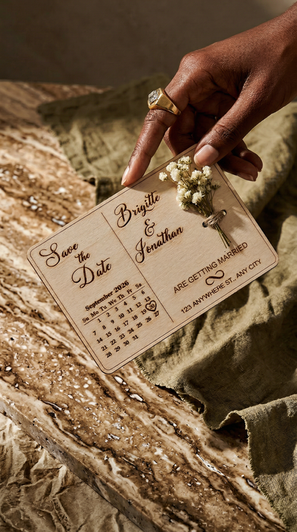 Personalised Wooden Save the Date Card – Engraved Rustic Wedding Announcement