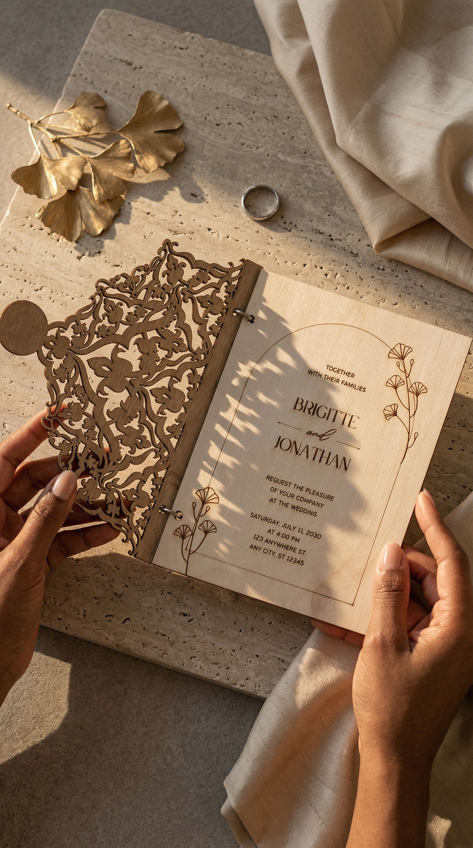 Laser-cut wedding invitation with floral design on a textured surface.