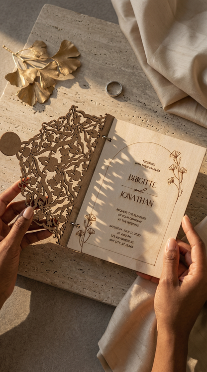Laser-cut wedding invitation with floral design on a textured surface.
