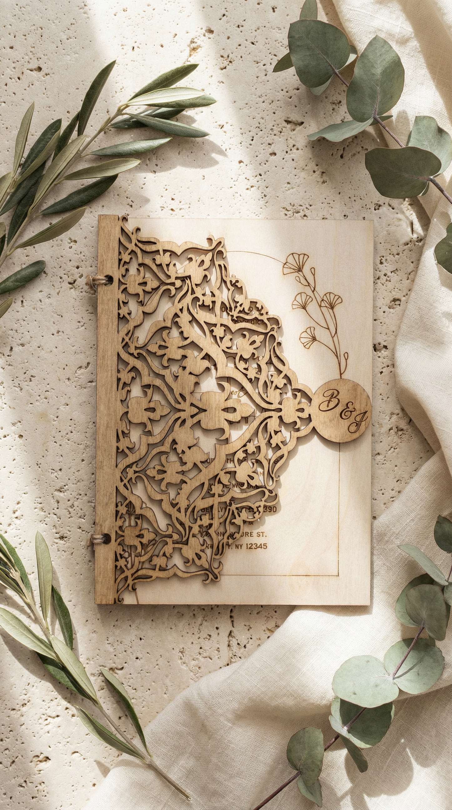 Wooden decorative item with intricate carvings on a textured surface with greenery.
